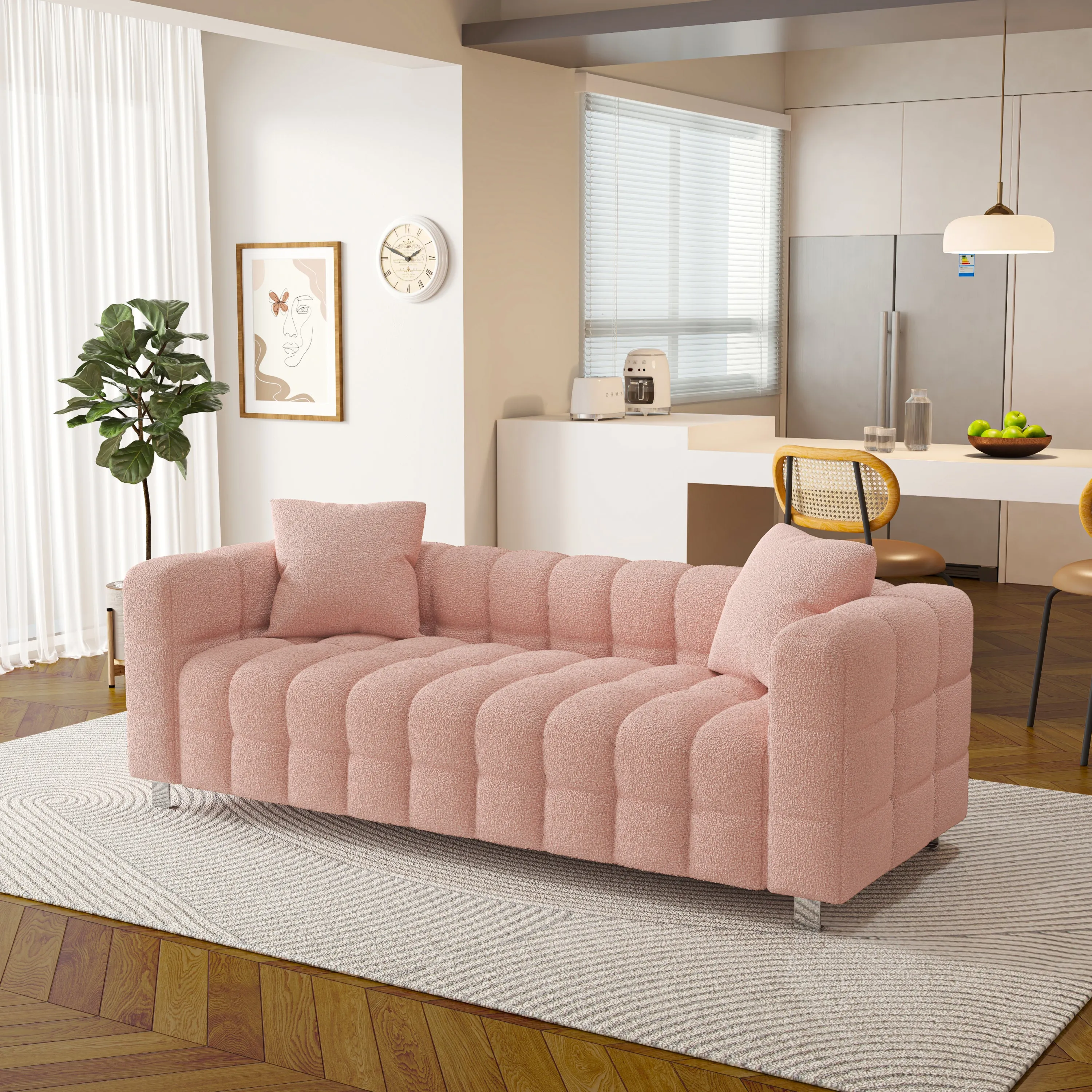 80" pink  teddy velvet sofa with two pillows suitable for living room bedroom