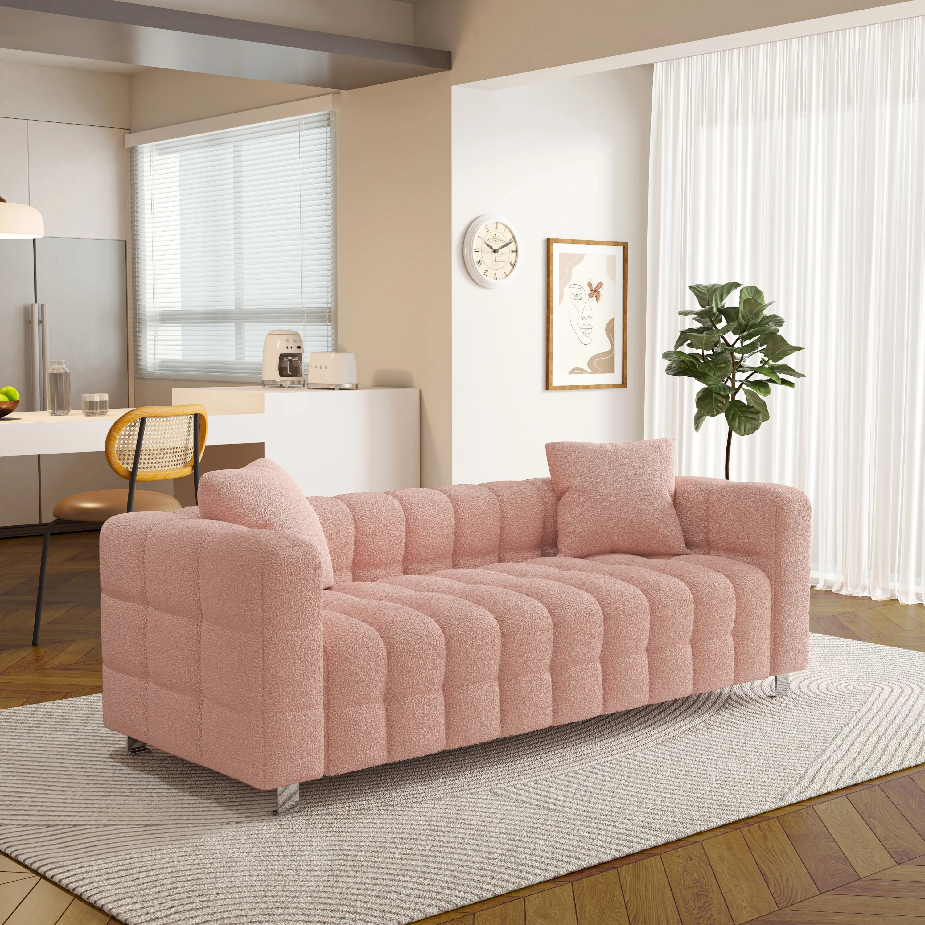 80" pink  teddy velvet sofa with two pillows suitable for living room bedroom