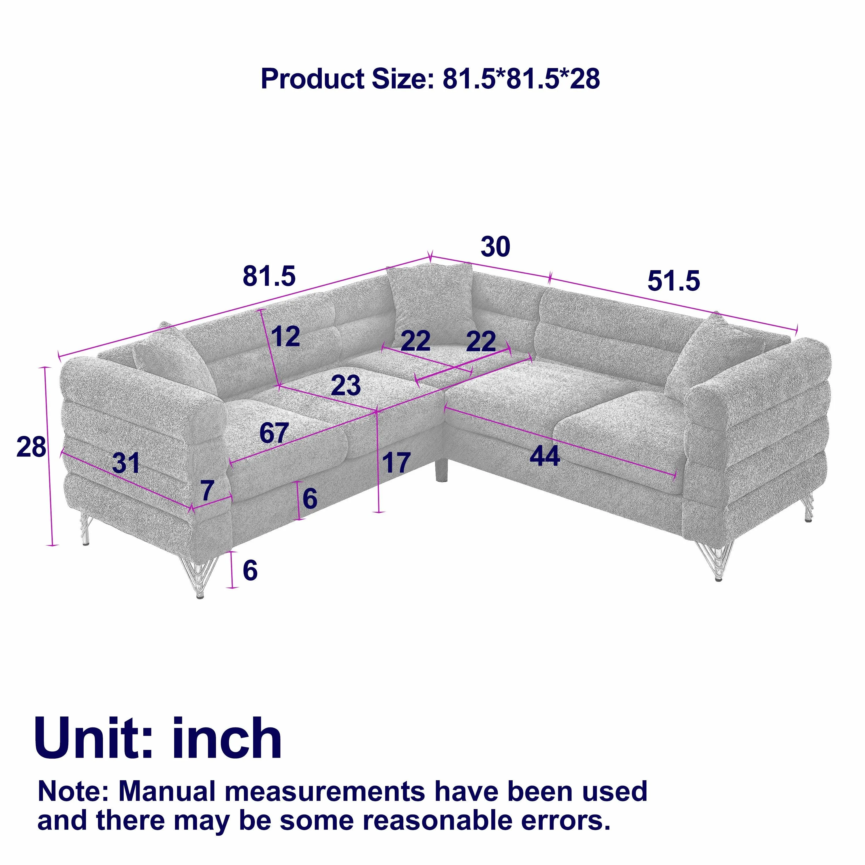 81.5" L-Shaped Corner Sofa, 5-Seater with 3 Cushions for Living Room or Office