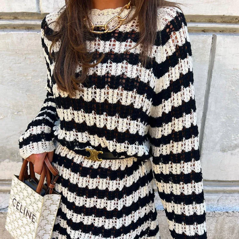 Bclout/QINSI Autumn Winter Casual Mini Dress Women Elegant O-neck Long Sleeve Loose Sweater Dresses Fashion Striped Knitted Dres