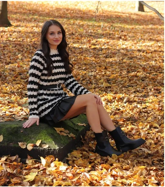 Bclout/QINSI Autumn Winter Casual Mini Dress Women Elegant O-neck Long Sleeve Loose Sweater Dresses Fashion Striped Knitted Dres