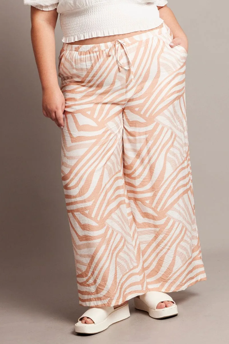 Beige Abstract Elastic Waist Wide Leg Pants