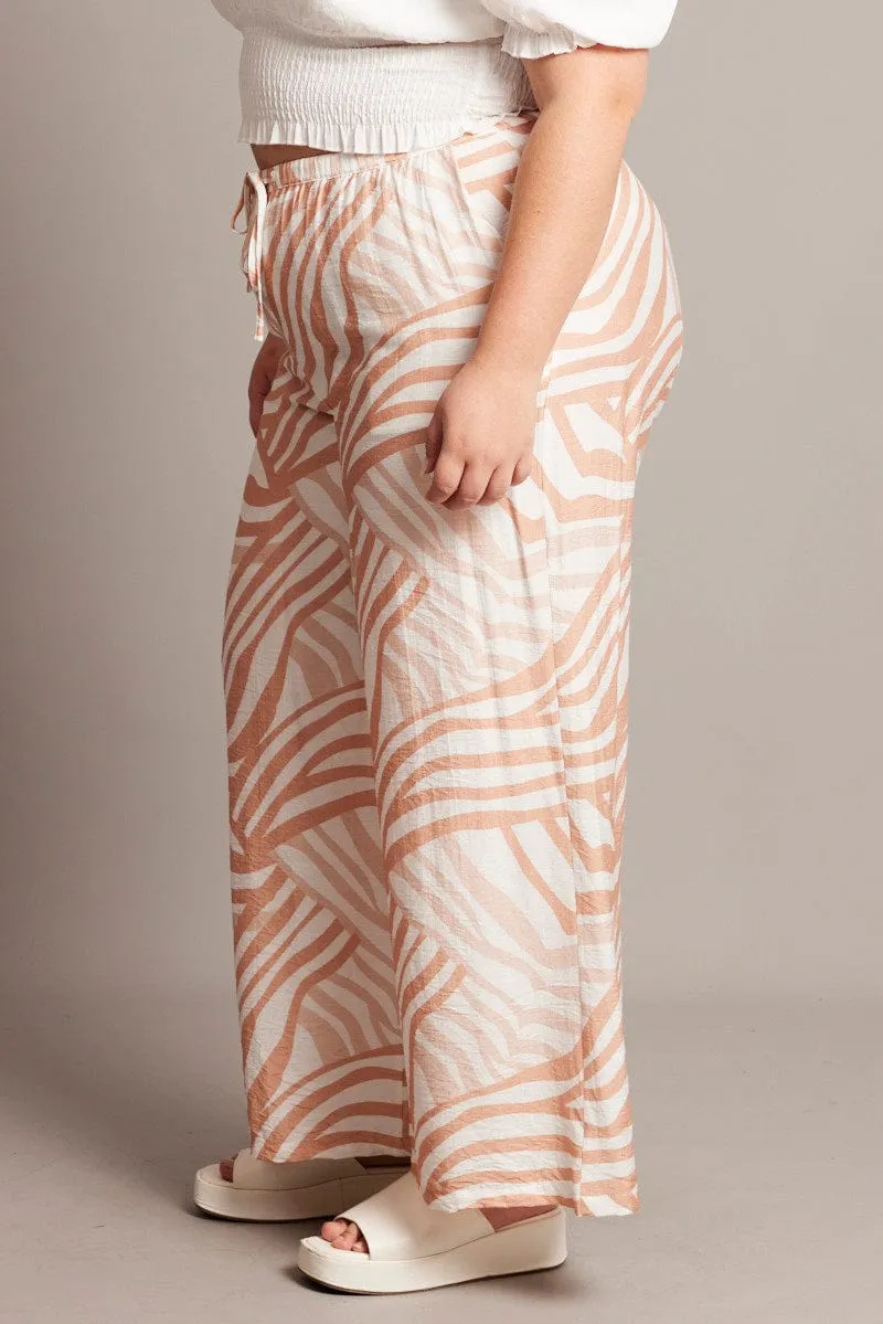 Beige Abstract Elastic Waist Wide Leg Pants