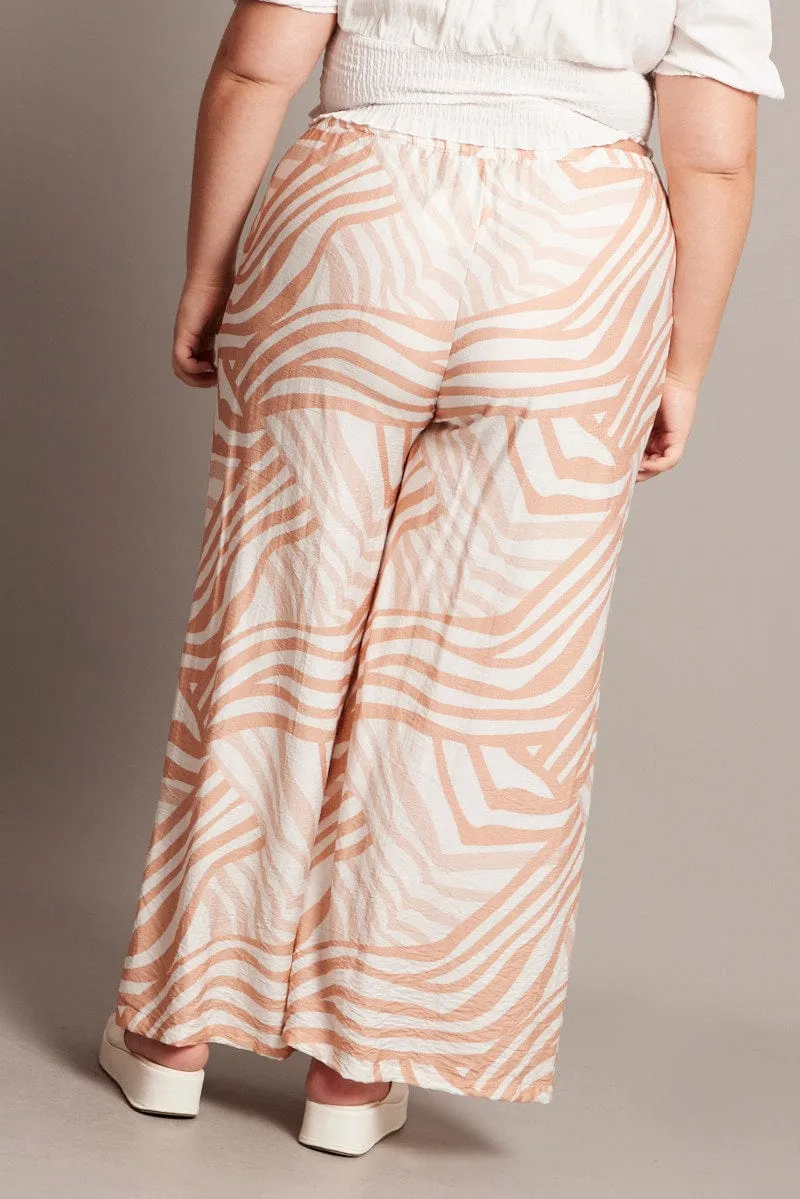 Beige Abstract Elastic Waist Wide Leg Pants