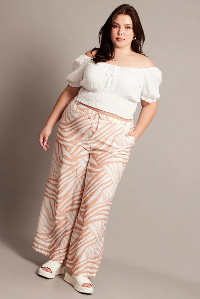 Beige Abstract Elastic Waist Wide Leg Pants
