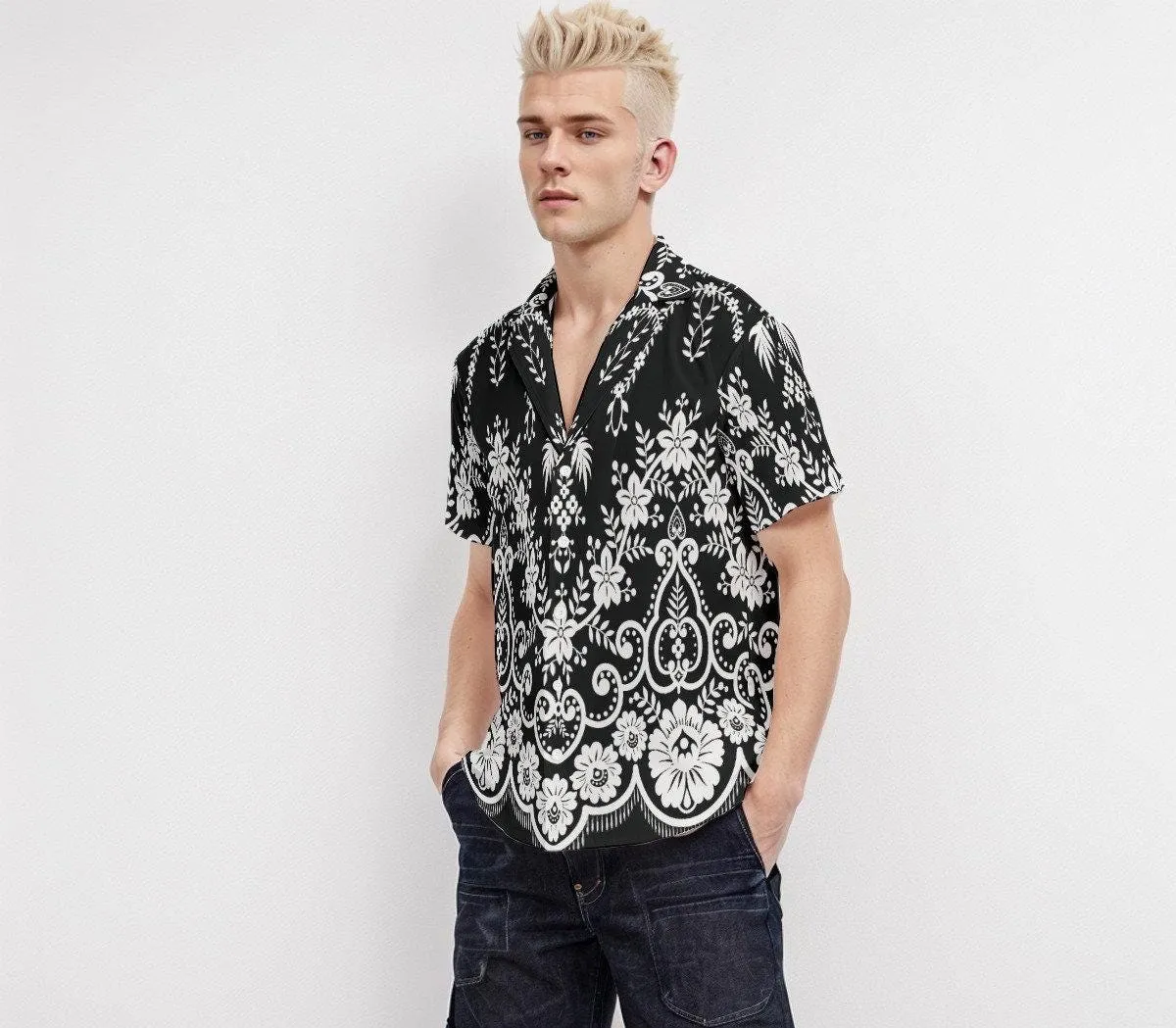 Black Floral Shirt Men, Boho Shirt Men, Floral Top Men, Black and White Floral Shirt, Romantic Shirt Men, Retro Shirt Men