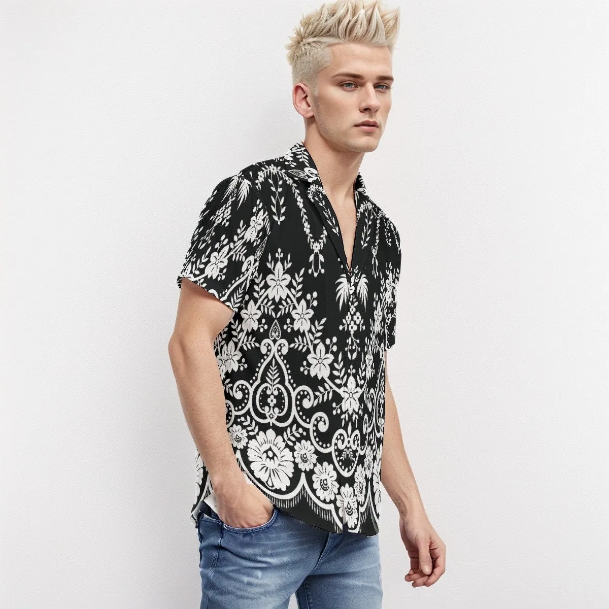 Black Floral Shirt Men, Boho Shirt Men, Floral Top Men, Black and White Floral Shirt, Romantic Shirt Men, Retro Shirt Men