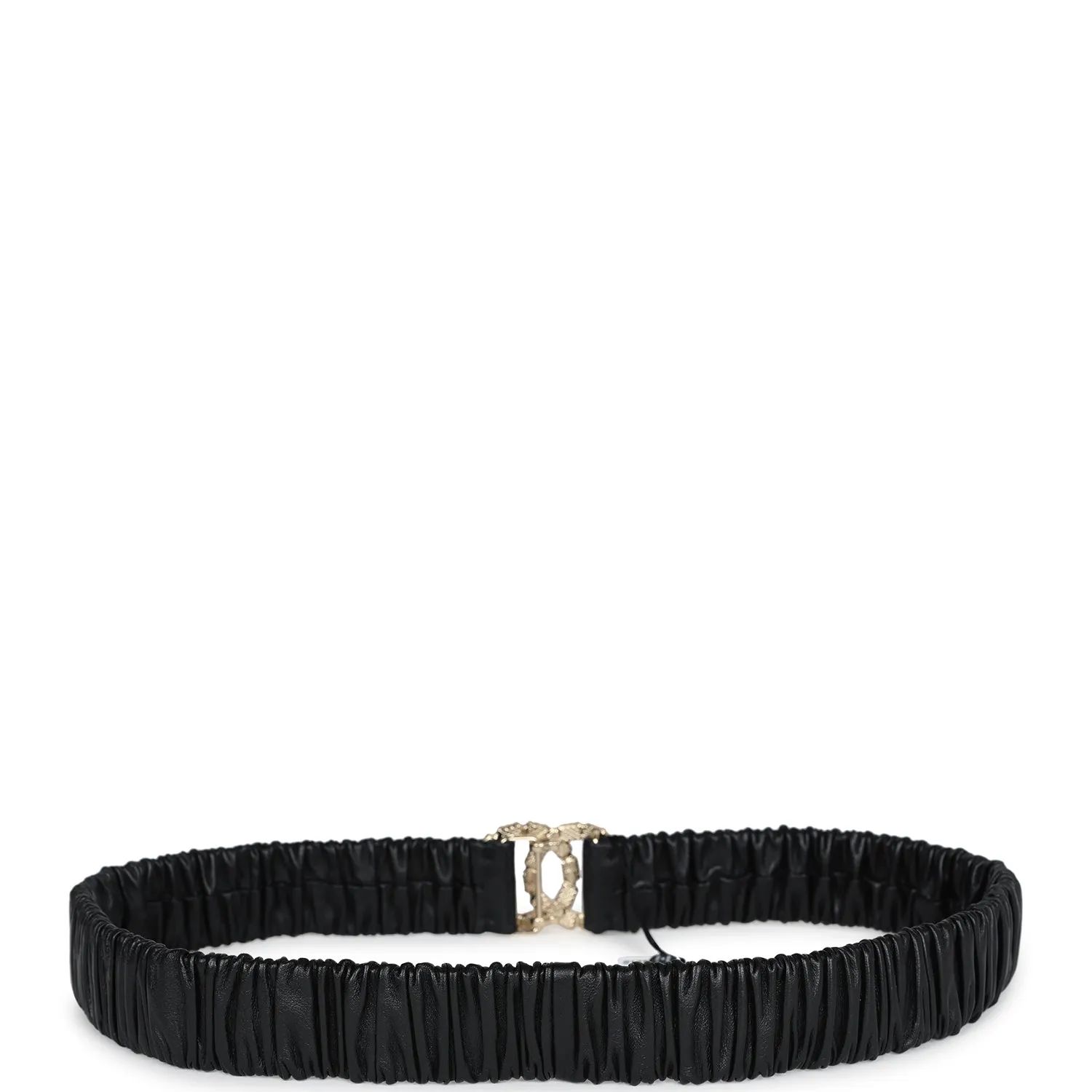 Chanel CC Ruched Leather Belt Black Calfskin Crystal Light Gold Hardware