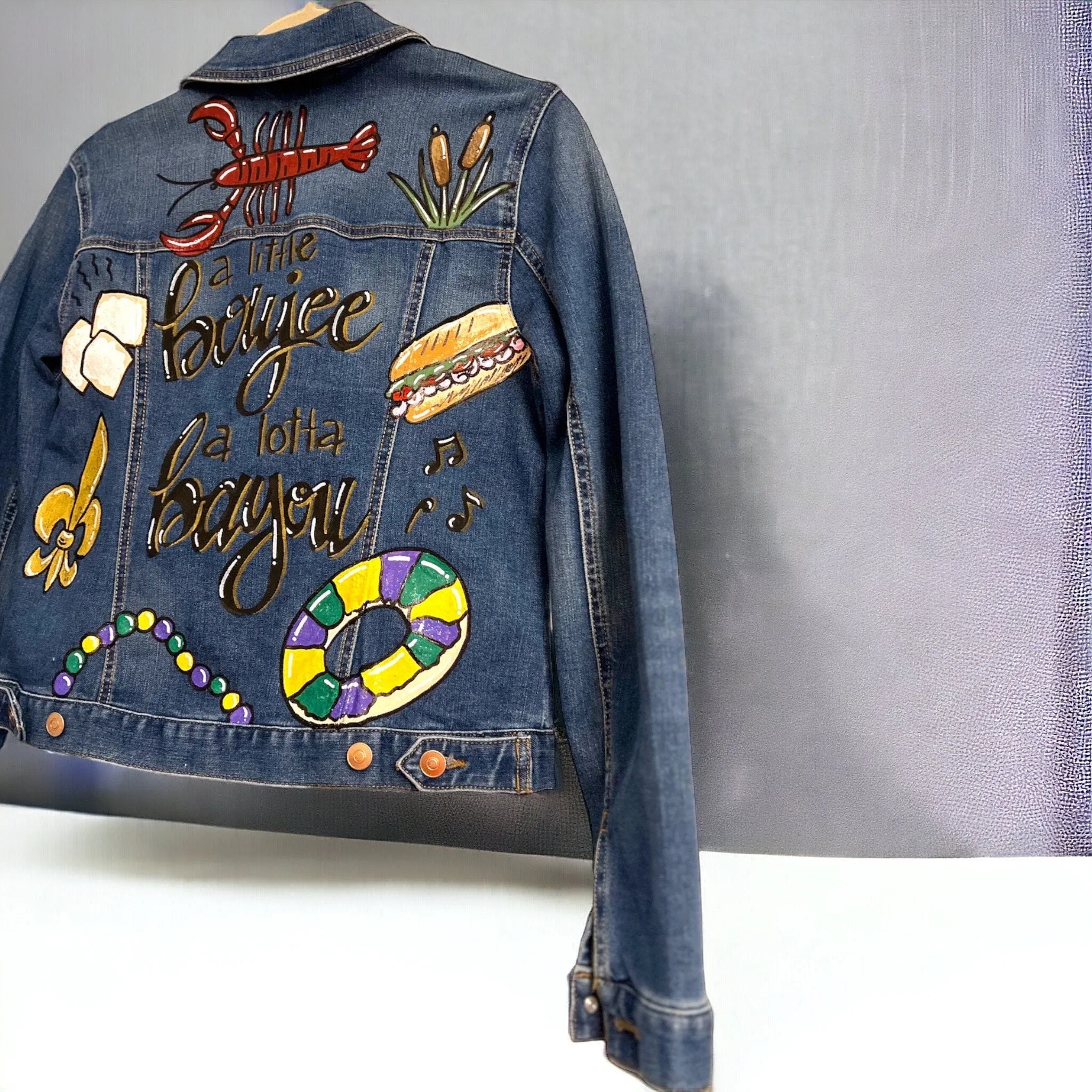 Mardi Gras Jean Hand Painted Jacket, Mardi Gras, Painted Jean Jacket, New Orleans, Bayou Boujee, Purple Green Gold, Parade Outfit, Cajun