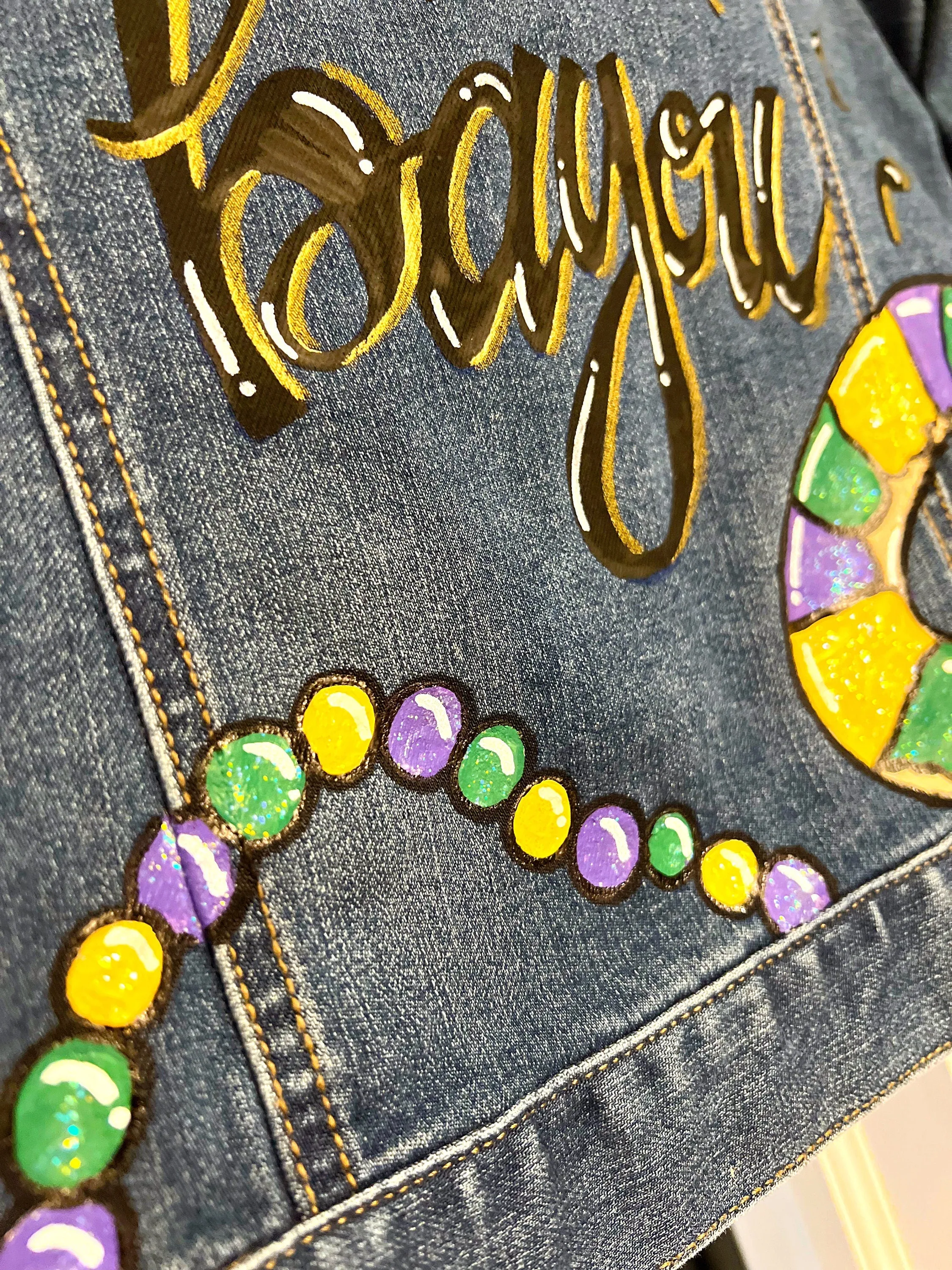 Mardi Gras Jean Hand Painted Jacket, Mardi Gras, Painted Jean Jacket, New Orleans, Bayou Boujee, Purple Green Gold, Parade Outfit, Cajun