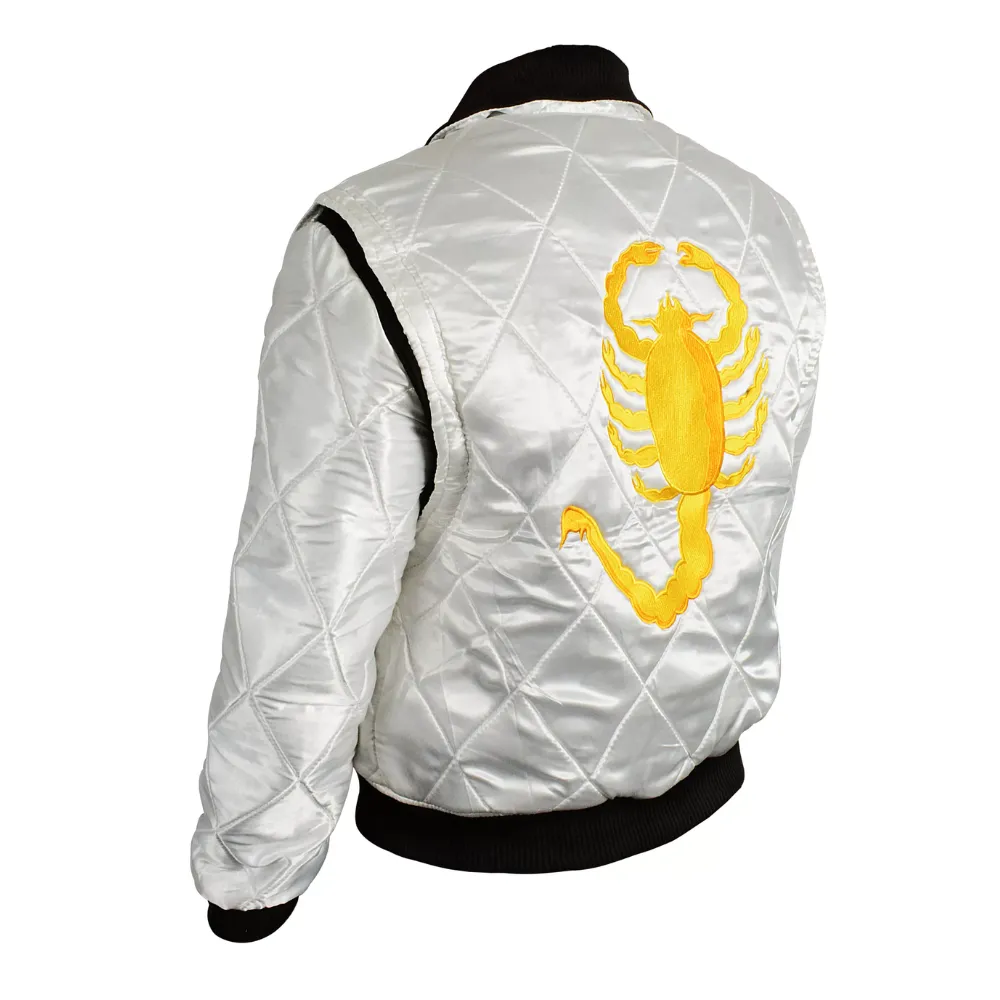 Mens Drive Ryan Gosling White Satin Scorpion Bomber Jacket