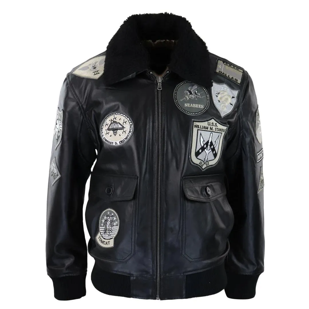 Mens Full Black Grey Topgun Maverick Jacket Pilot Bomber US Badges Black Fur Tom Cat