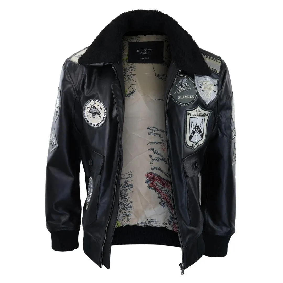 Mens Full Black Grey Topgun Maverick Jacket Pilot Bomber US Badges Black Fur Tom Cat