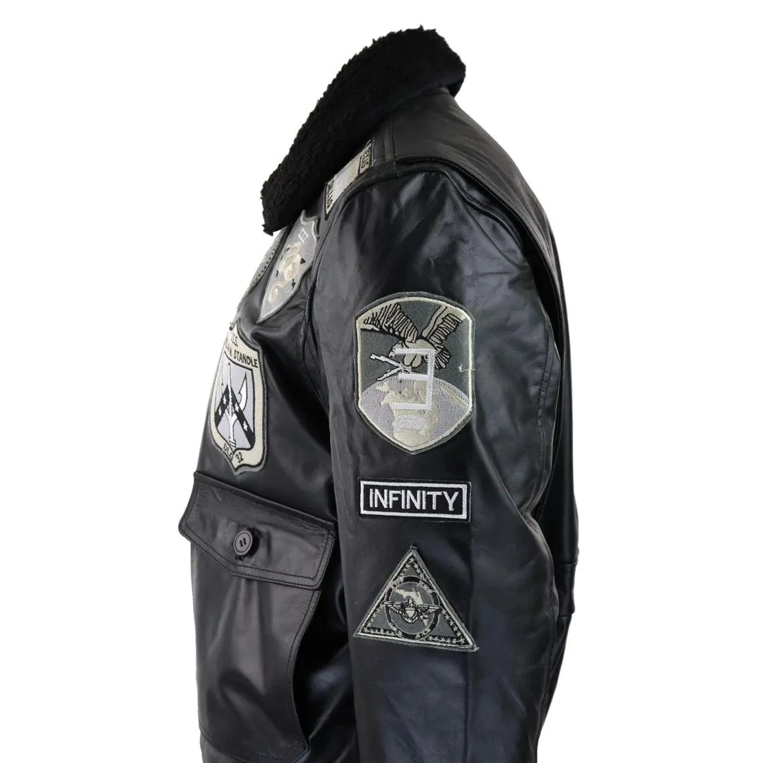 Mens Full Black Grey Topgun Maverick Jacket Pilot Bomber US Badges Black Fur Tom Cat