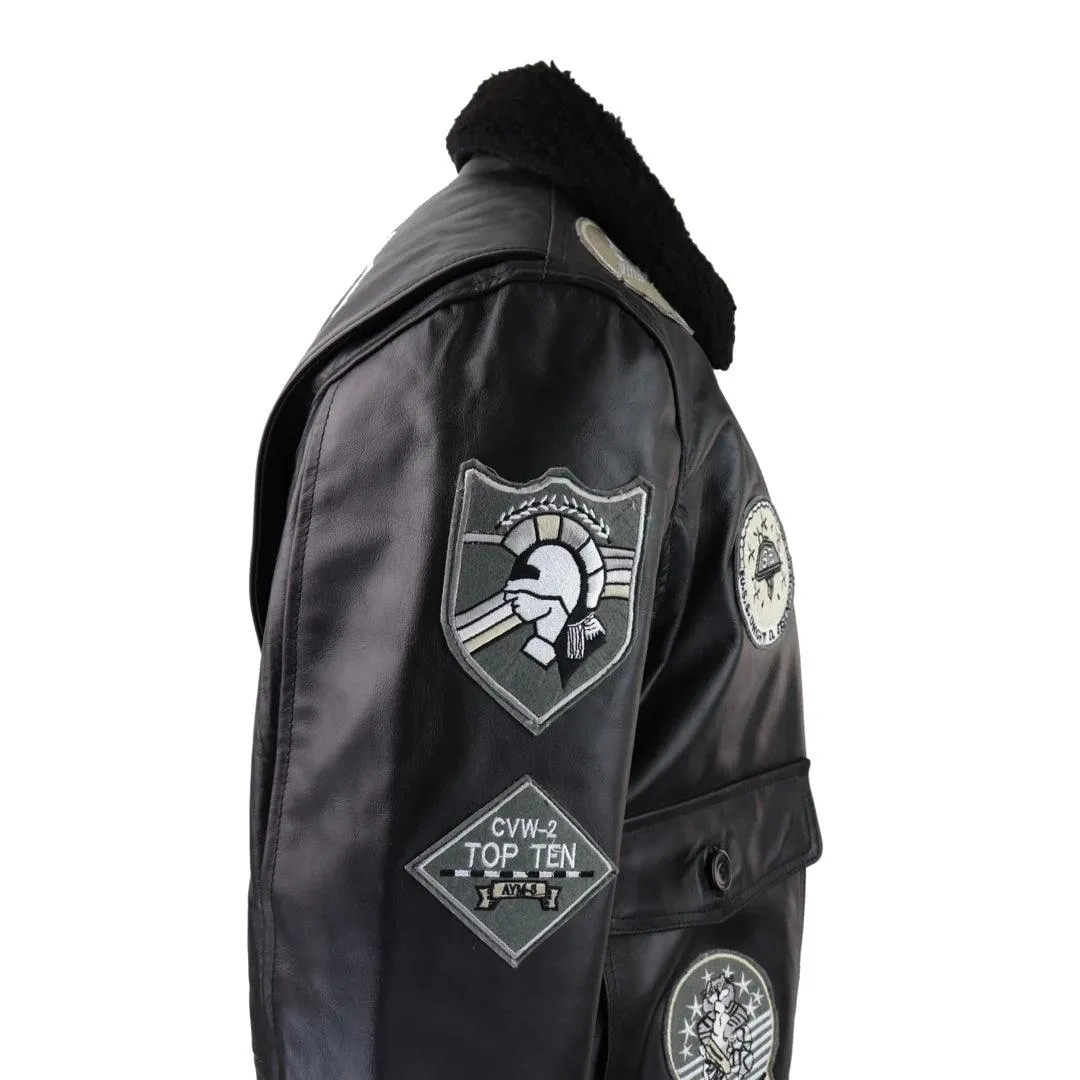 Mens Full Black Grey Topgun Maverick Jacket Pilot Bomber US Badges Black Fur Tom Cat