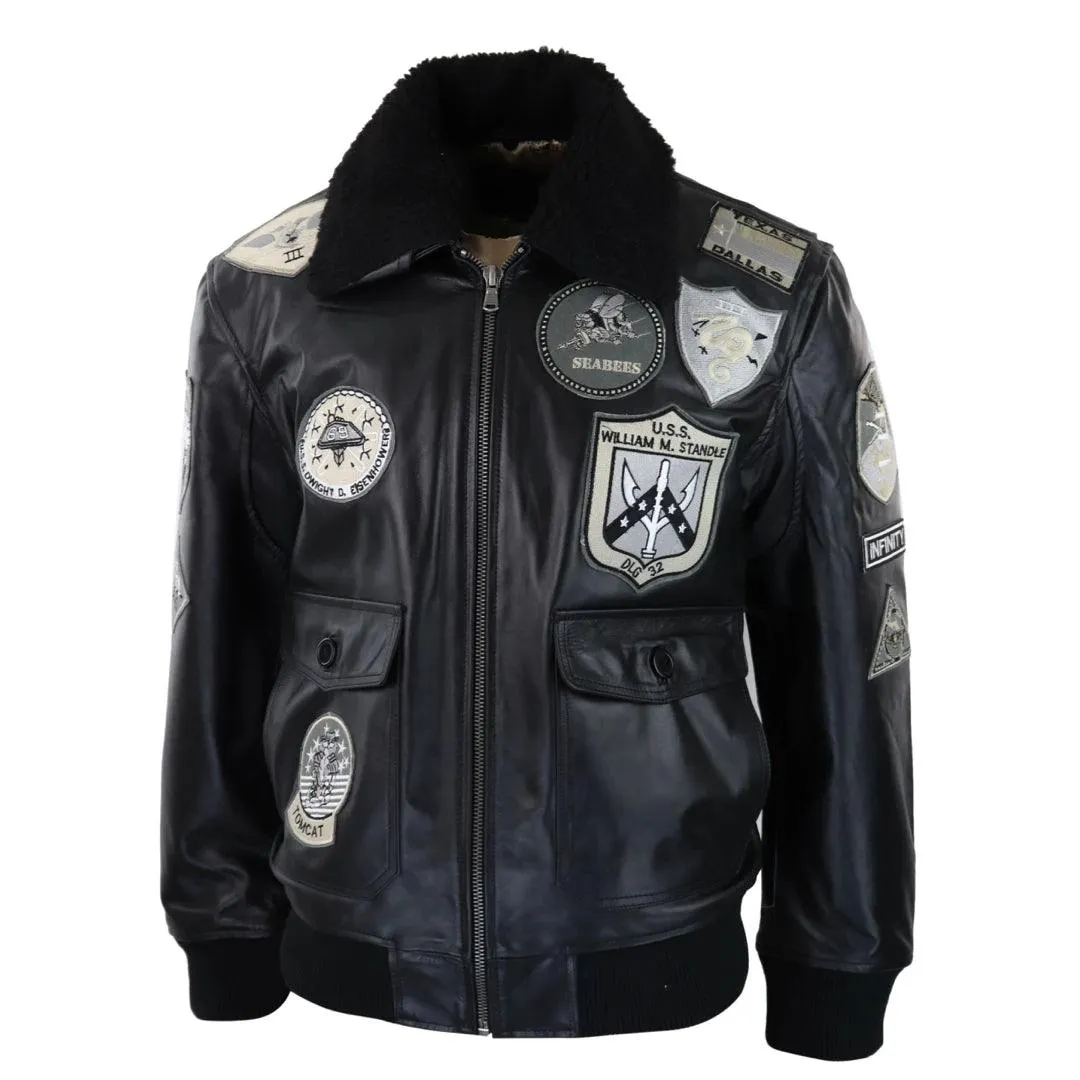 Mens Full Black Grey Topgun Maverick Jacket Pilot Bomber US Badges Black Fur Tom Cat