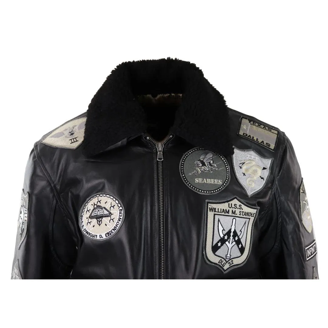 Mens Full Black Grey Topgun Maverick Jacket Pilot Bomber US Badges Black Fur Tom Cat