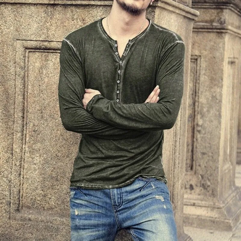 Men's Tee Shirt V-neck Long Sleeve Tee amp Tops Stylish Buttons Autumn Casual Henley shirt Solid Clothing