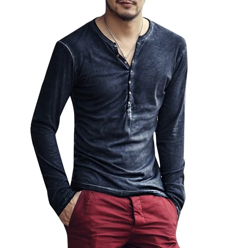 Men's Tee Shirt V-neck Long Sleeve Tee amp Tops Stylish Buttons Autumn Casual Henley shirt Solid Clothing