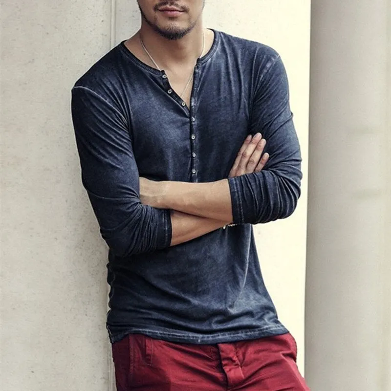 Men's Tee Shirt V-neck Long Sleeve Tee amp Tops Stylish Buttons Autumn Casual Henley shirt Solid Clothing