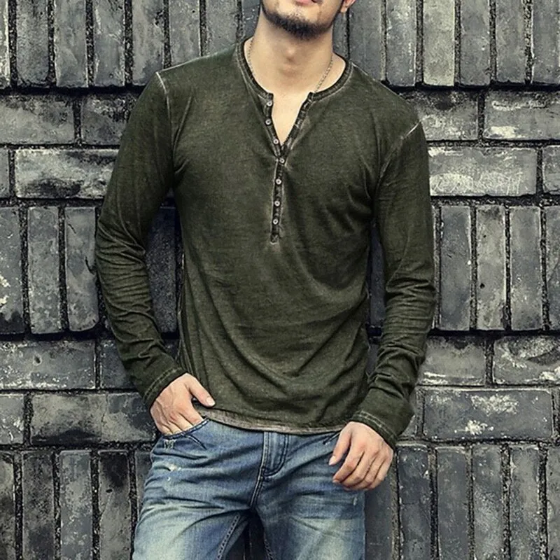 Men's Tee Shirt V-neck Long Sleeve Tee amp Tops Stylish Buttons Autumn Casual Henley shirt Solid Clothing