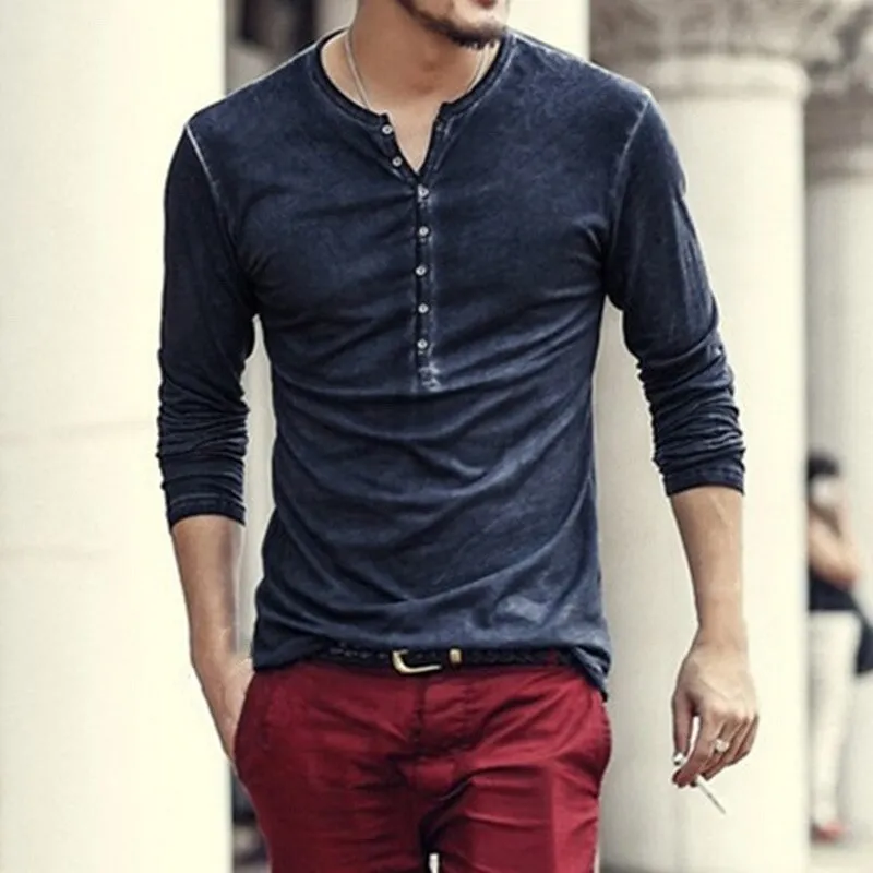 Men's Tee Shirt V-neck Long Sleeve Tee amp Tops Stylish Buttons Autumn Casual Henley shirt Solid Clothing