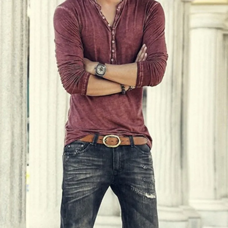 Men's Tee Shirt V-neck Long Sleeve Tee amp Tops Stylish Buttons Autumn Casual Henley shirt Solid Clothing