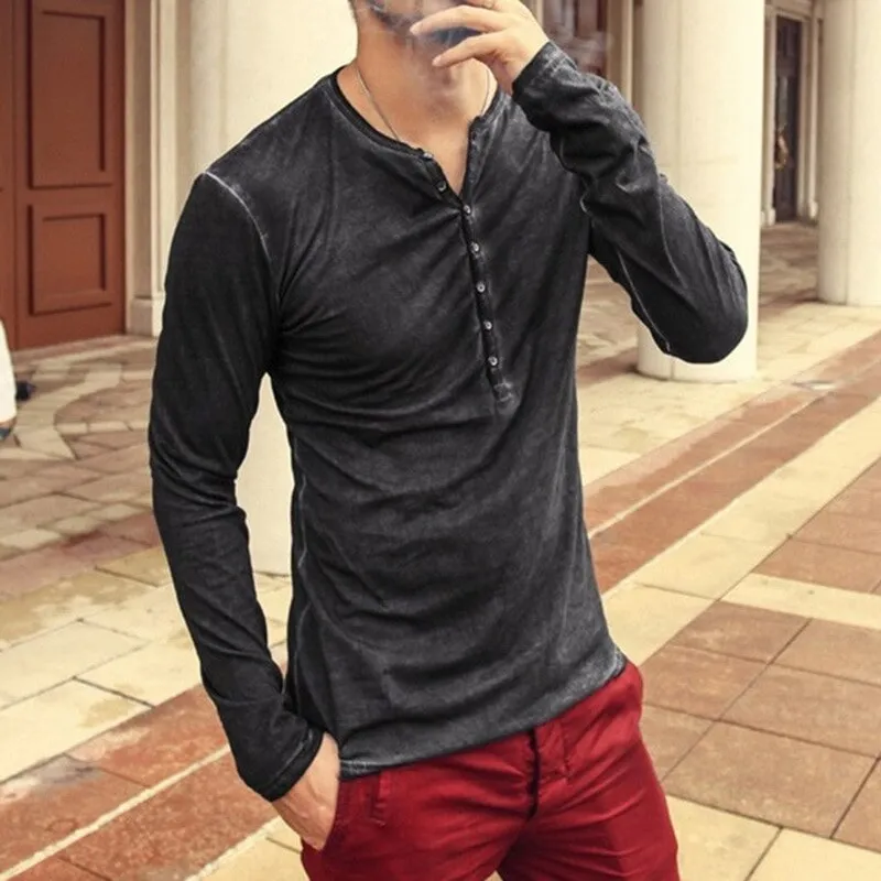 Men's Tee Shirt V-neck Long Sleeve Tee amp Tops Stylish Buttons Autumn Casual Henley shirt Solid Clothing