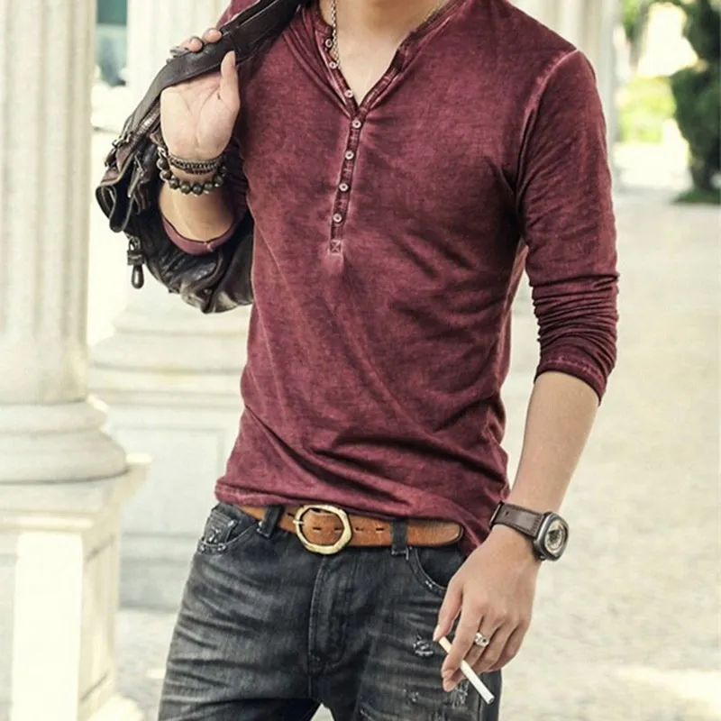 Men's Tee Shirt V-neck Long Sleeve Tee amp Tops Stylish Buttons Autumn Casual Henley shirt Solid Clothing