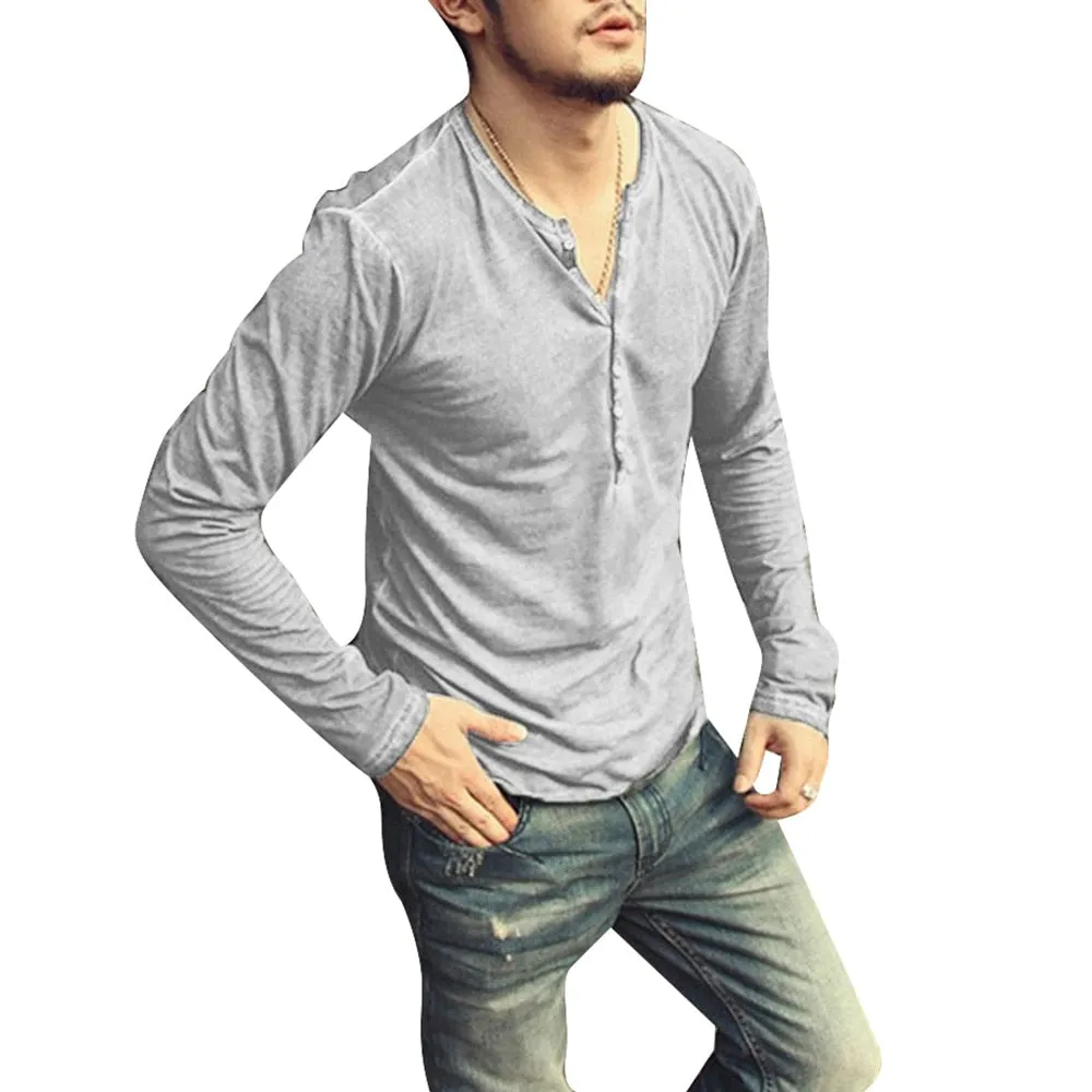 Men's Tee Shirt V-neck Long Sleeve Tee amp Tops Stylish Buttons Autumn Casual Henley shirt Solid Clothing