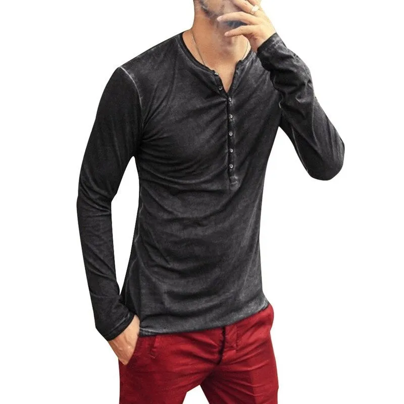 Men's Tee Shirt V-neck Long Sleeve Tee amp Tops Stylish Buttons Autumn Casual Henley shirt Solid Clothing