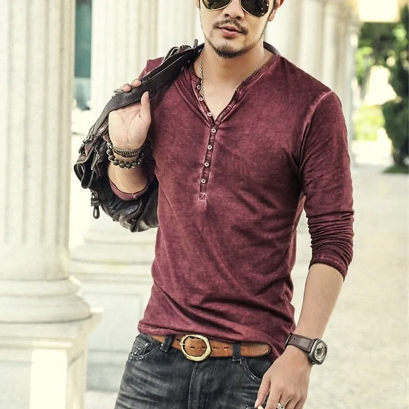 Men's Tee Shirt V-neck Long Sleeve Tee amp Tops Stylish Buttons Autumn Casual Henley shirt Solid Clothing