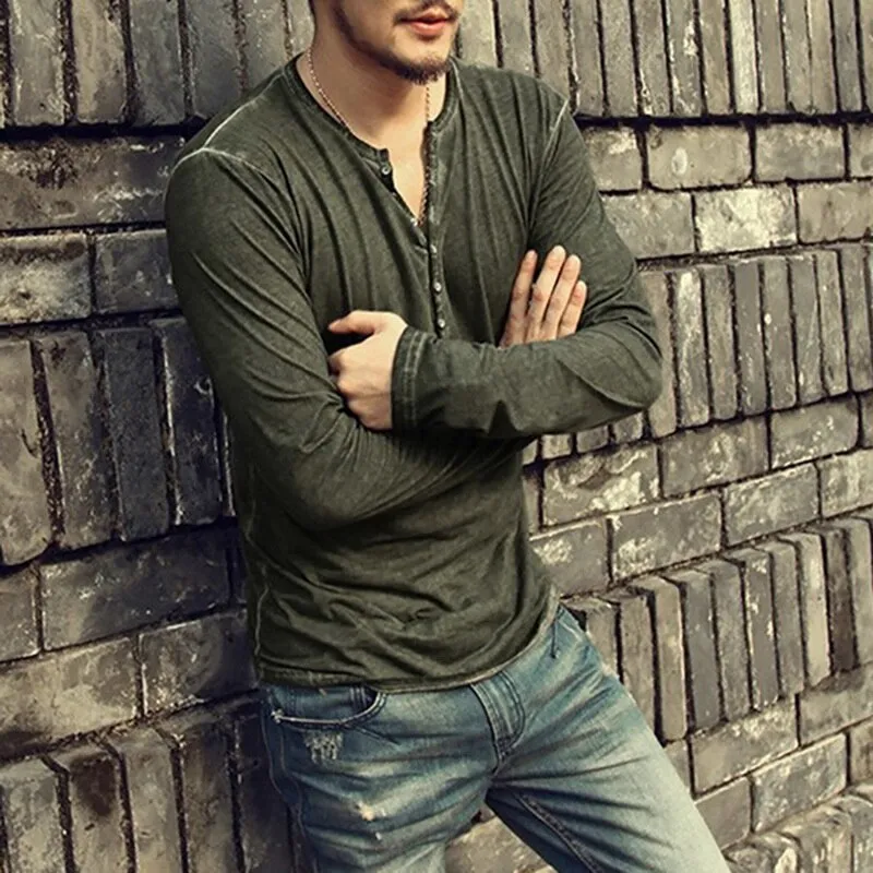 Men's Tee Shirt V-neck Long Sleeve Tee amp Tops Stylish Buttons Autumn Casual Henley shirt Solid Clothing