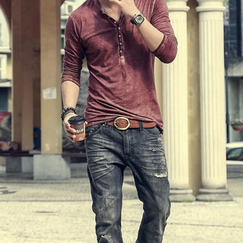 Men's Tee Shirt V-neck Long Sleeve Tee amp Tops Stylish Buttons Autumn Casual Henley shirt Solid Clothing