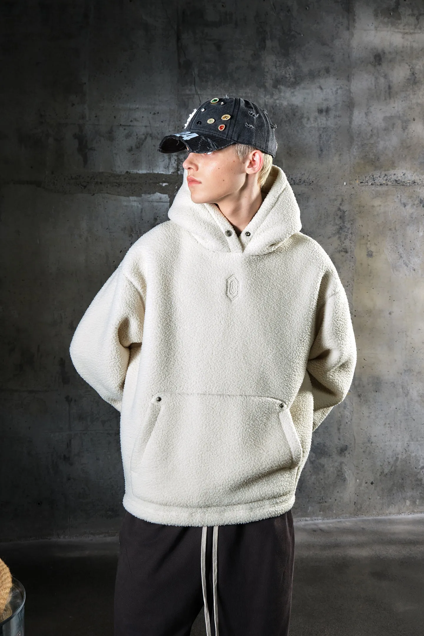 Metal Logo Faux Lambswool Hoodie
