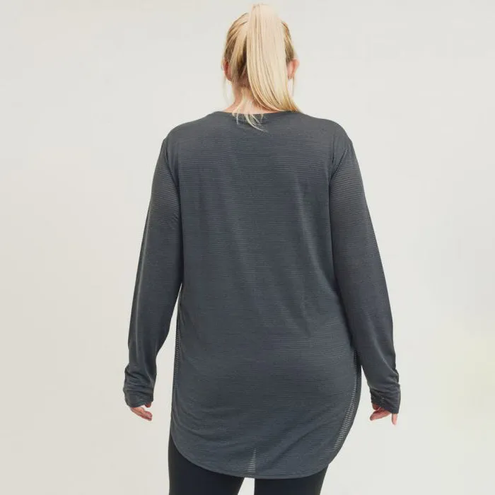 Plus Ribbed Mesh Long Sleeve Flow Top - Grey
