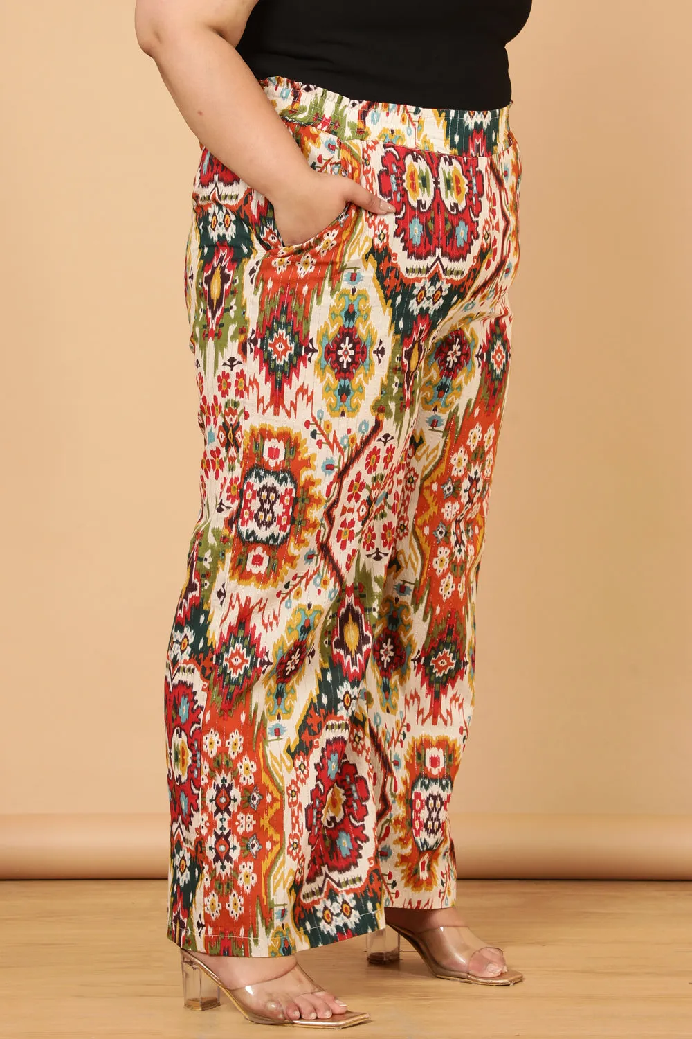 Plus Size White Patola Print Cotton High Waist Pants