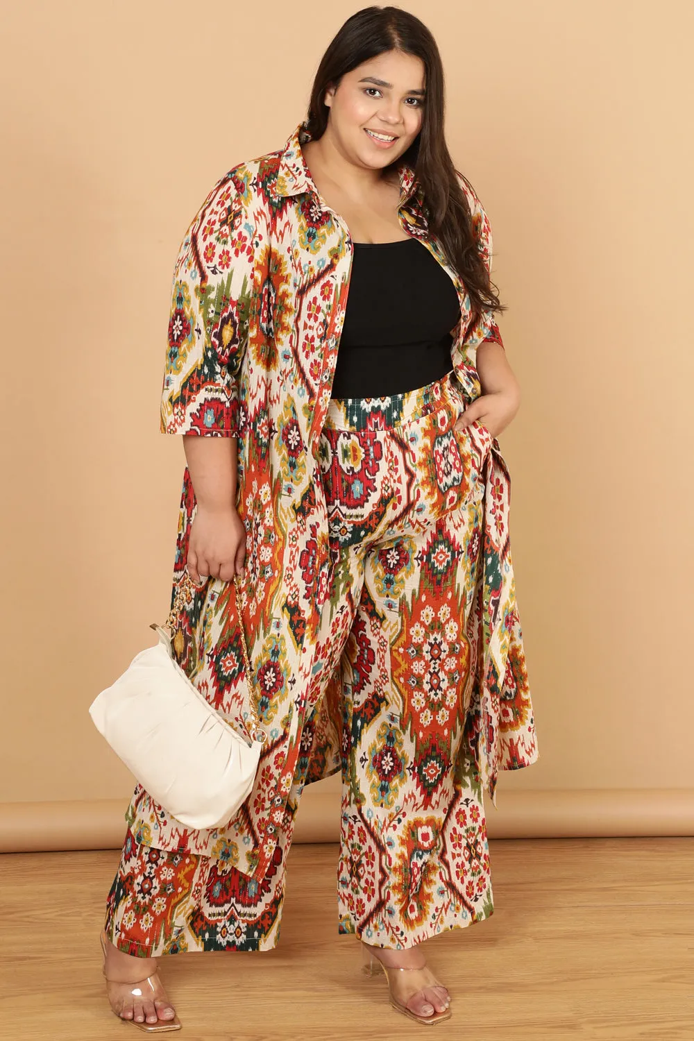 Plus Size White Patola Print Cotton High Waist Pants