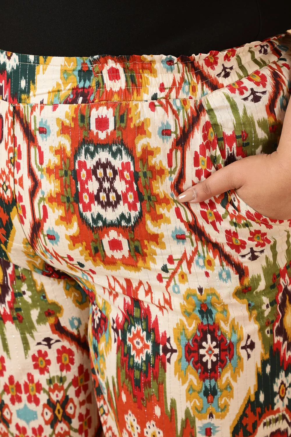 Plus Size White Patola Print Cotton High Waist Pants