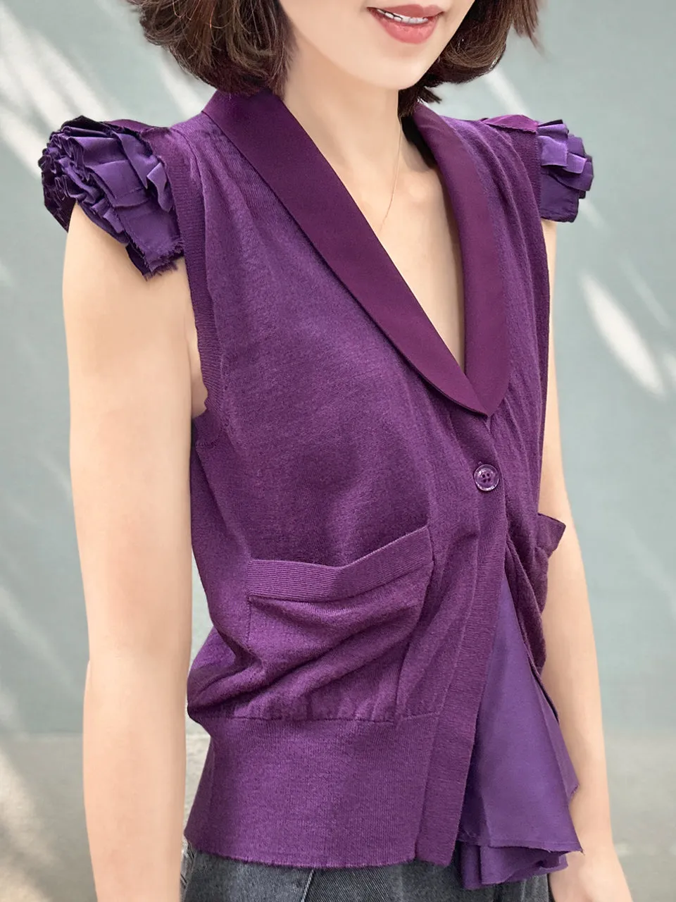 Purple Layered Ruffle Collared Cashmere Woollen Knit Top