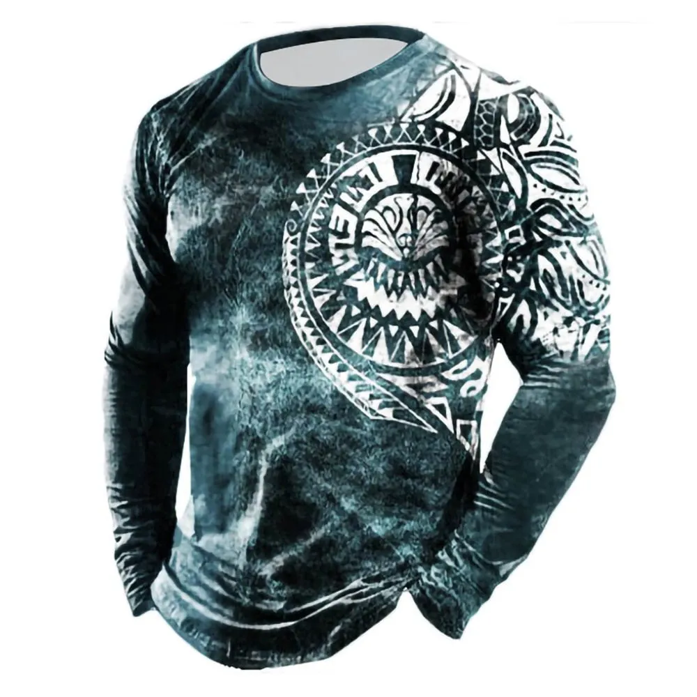 Retro Men's 3D Print Cotton Pullover Casual Crew Neck Long Sleeve T-shirts Autumn Loose Tops Blouse Men's Clothing