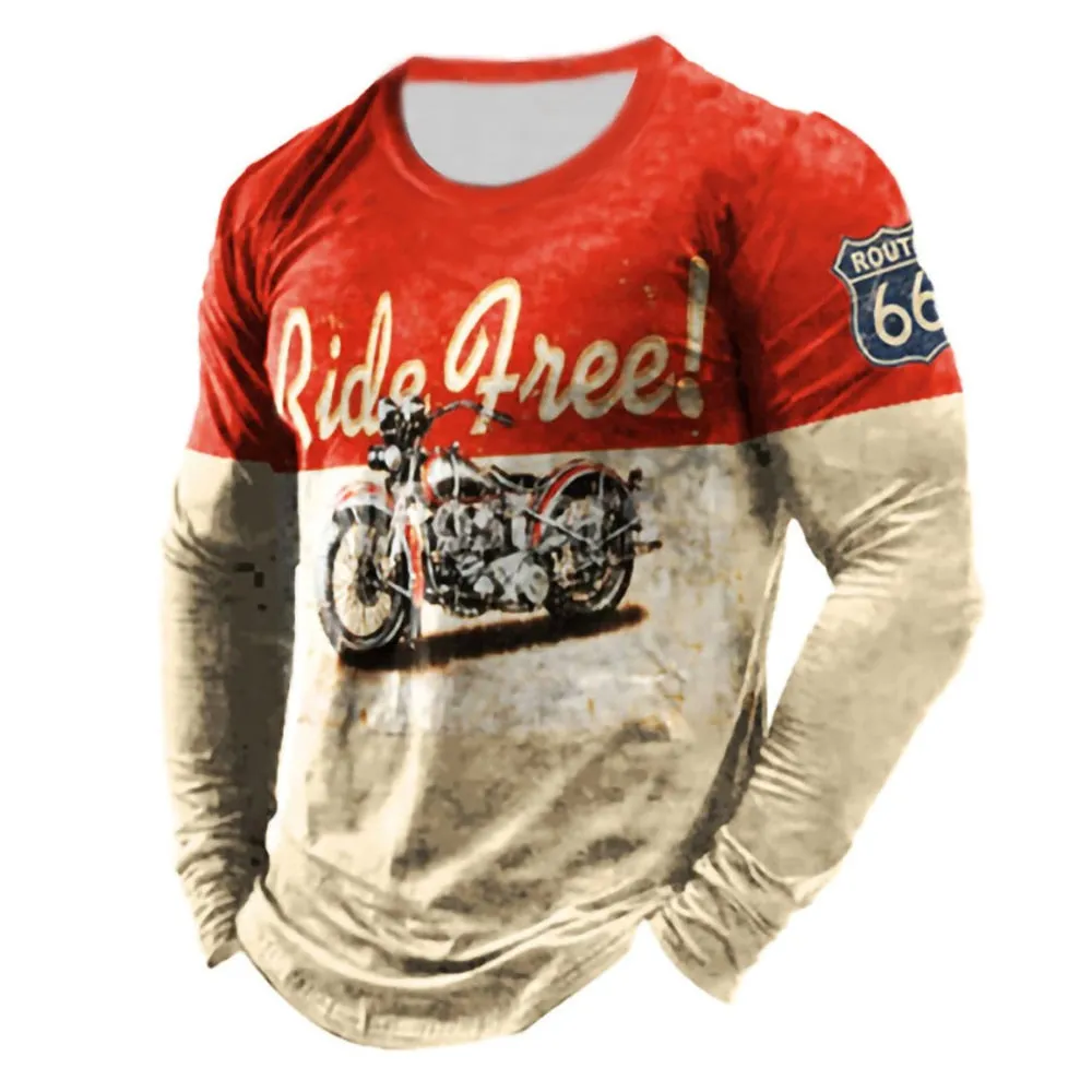 Retro Men's 3D Print Cotton Pullover Casual Crew Neck Long Sleeve T-shirts Autumn Loose Tops Blouse Men's Clothing