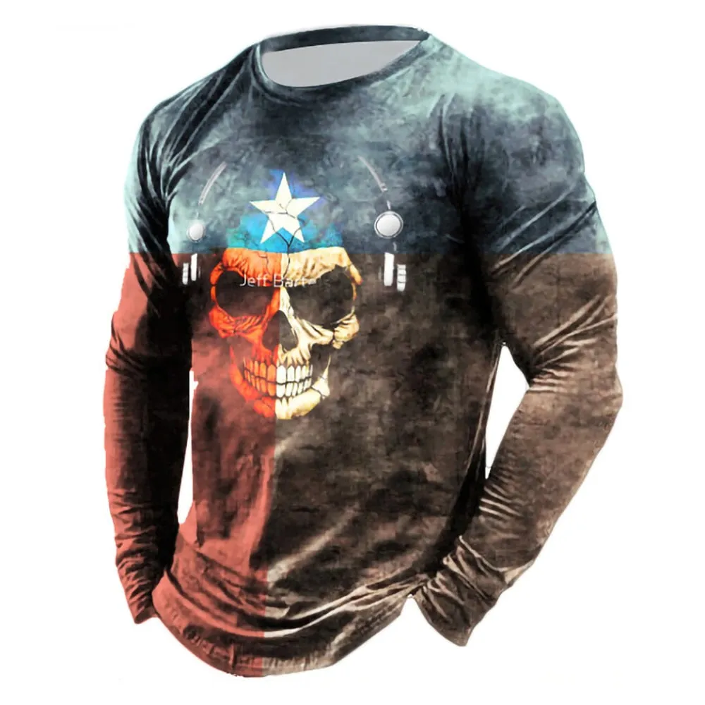 Retro Men's 3D Print Cotton Pullover Casual Crew Neck Long Sleeve T-shirts Autumn Loose Tops Blouse Men's Clothing