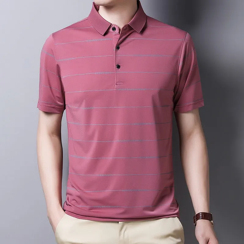 Summer Oversized T Shirt Men's Short Sleeved Striped Breathable Anti-wrinkle Turn-down Collar Clothing