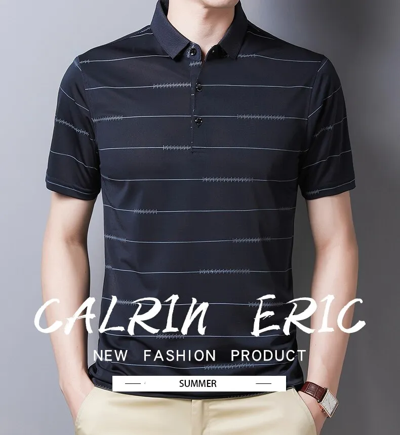 Summer Oversized T Shirt Men's Short Sleeved Striped Breathable Anti-wrinkle Turn-down Collar Clothing