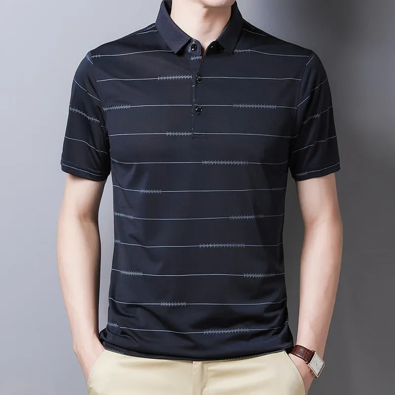 Summer Oversized T Shirt Men's Short Sleeved Striped Breathable Anti-wrinkle Turn-down Collar Clothing