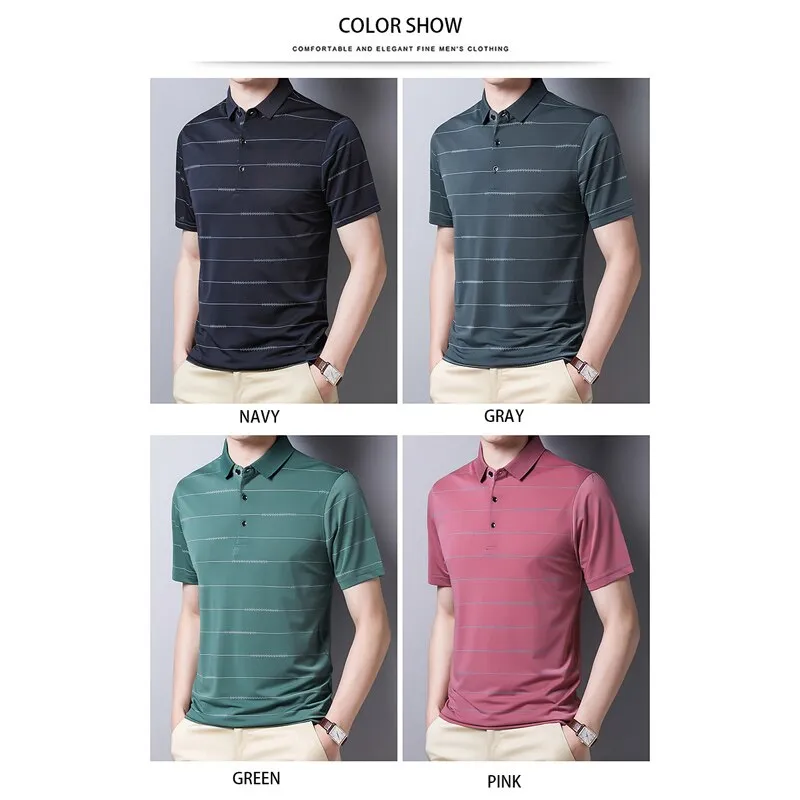 Summer Oversized T Shirt Men's Short Sleeved Striped Breathable Anti-wrinkle Turn-down Collar Clothing