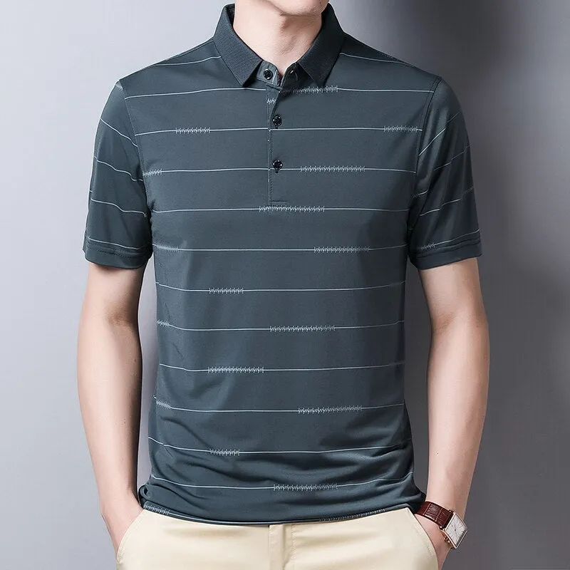 Summer Oversized T Shirt Men's Short Sleeved Striped Breathable Anti-wrinkle Turn-down Collar Clothing