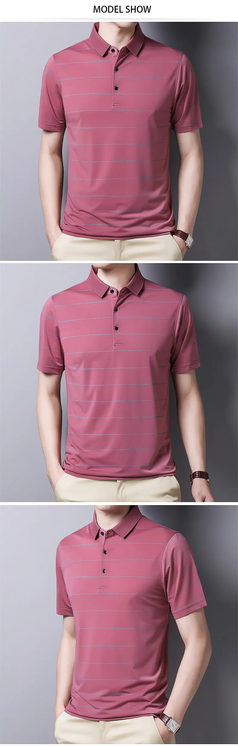 Summer Oversized T Shirt Men's Short Sleeved Striped Breathable Anti-wrinkle Turn-down Collar Clothing