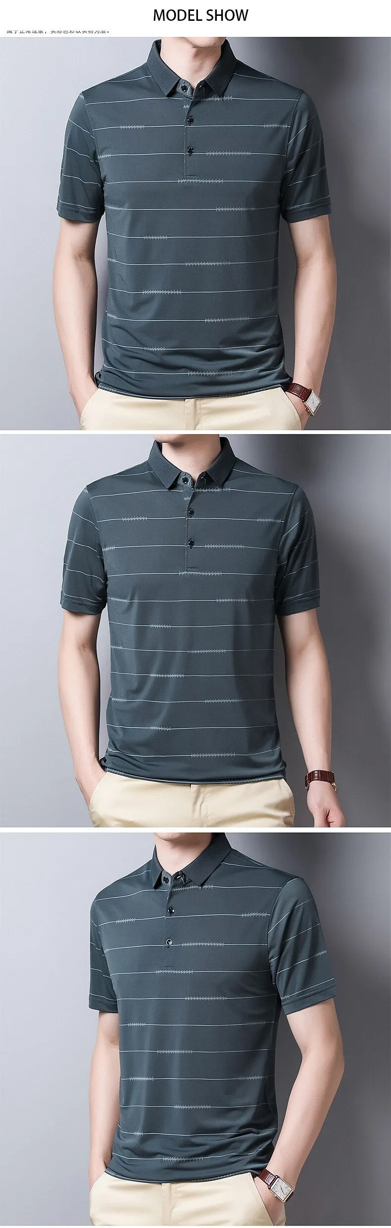 Summer Oversized T Shirt Men's Short Sleeved Striped Breathable Anti-wrinkle Turn-down Collar Clothing